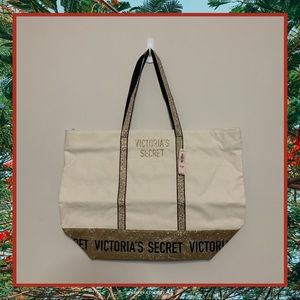 Victoria's Secret 2018 Canvas Tote - Natural Canvas with Gold Glitter